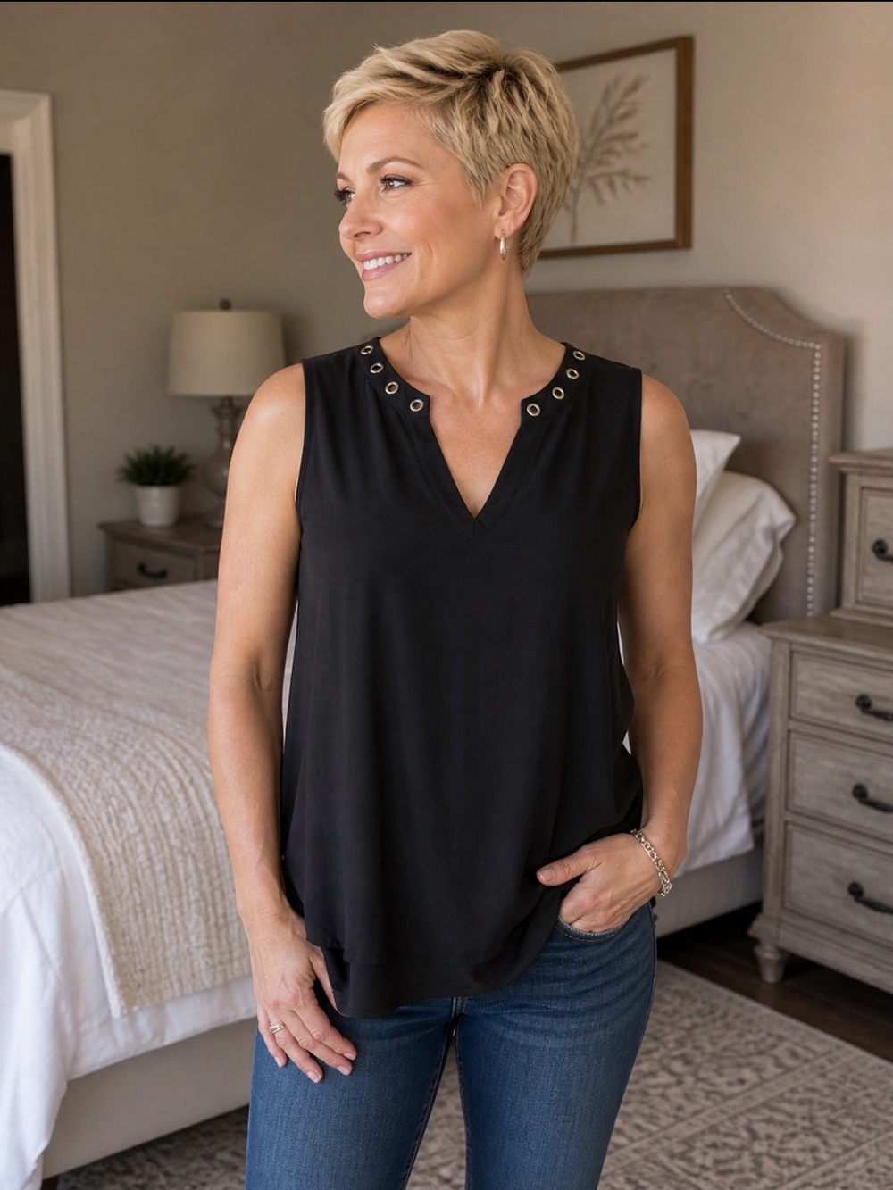 Torrid black sleeveless eyelet vneck blouse